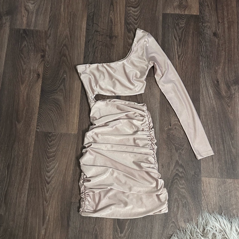 Gold One Shoulder Cut Out Bodycon Mini Dress Size XS